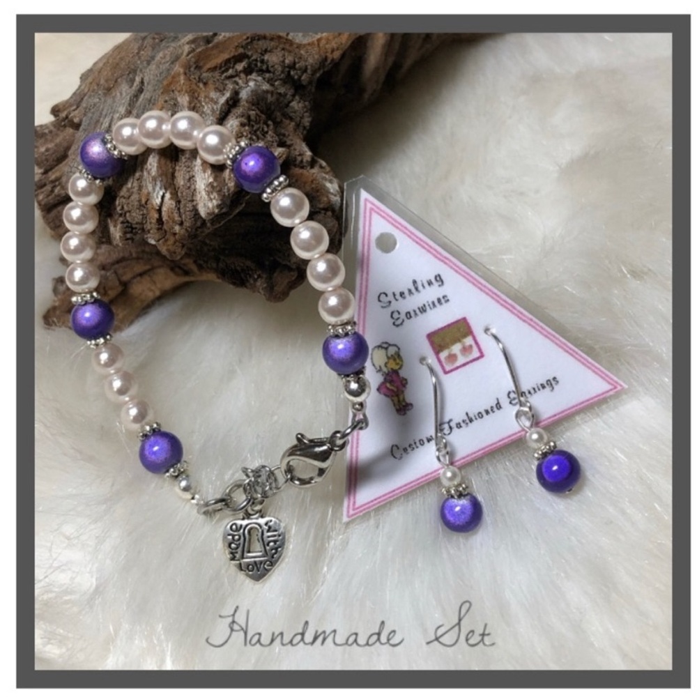Kids Bracelet & Earring Set Purple Beads ~ Sterling .925 Ear wires